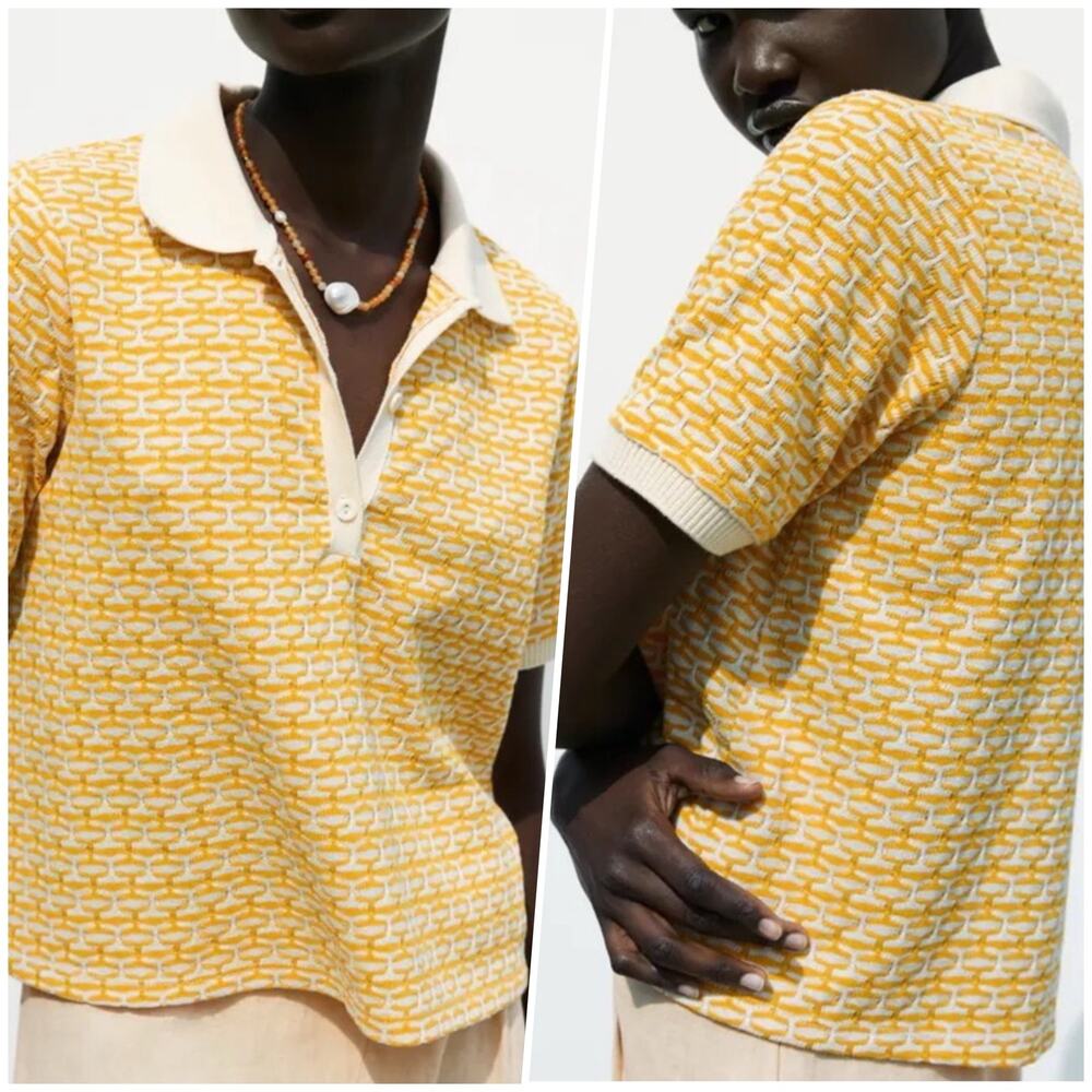 Zara | Women | Yellow Jacquard Texture Knit Cropped Polo Top | Size Small - Picture 9 of 9